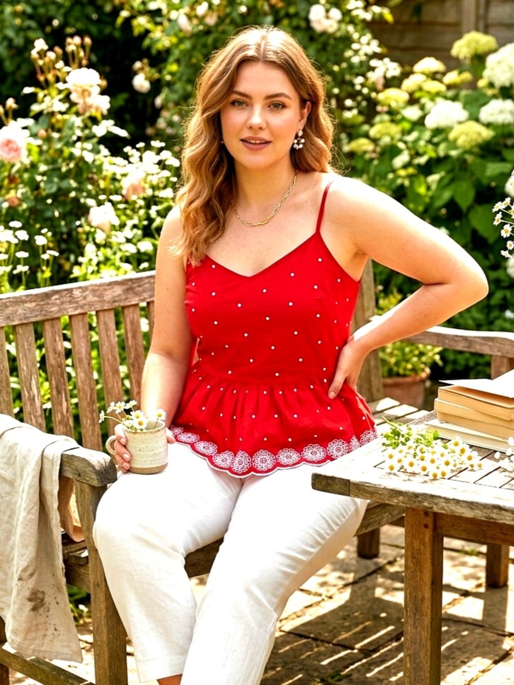 Red Polka Dot Peplum Cami Top with Elegant Embroidered Scalloped Eyelet Hemline - Picture 3 of 5
